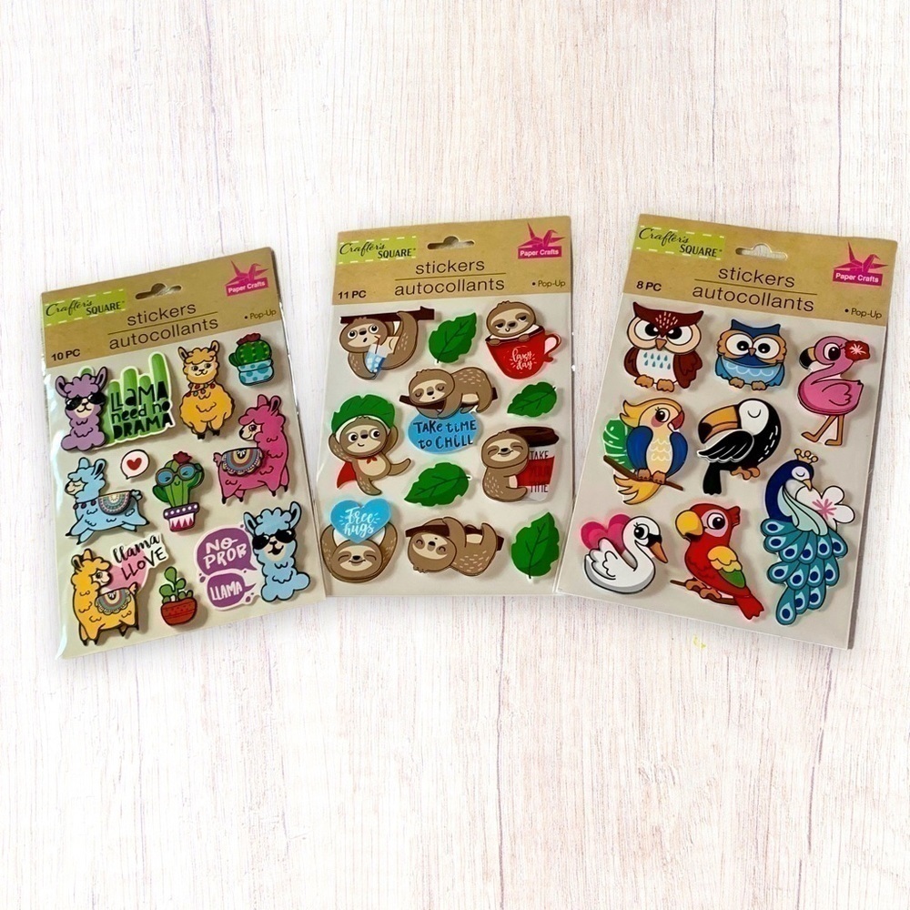 Crafter’s Square Colorful Pop Up Stickers Trio Package Set Sloth Llama Birds